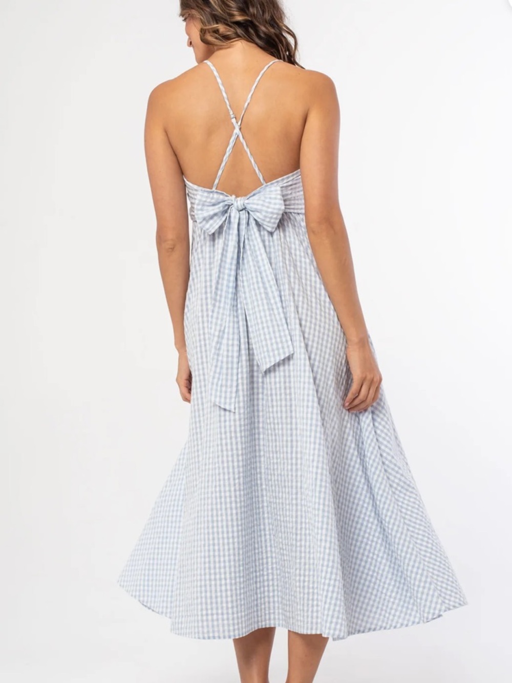 NWOT lovestitch Nordstrom Blue Seaside Gingham Cross-Back Midi Dress Medium - Picture 2 of 10